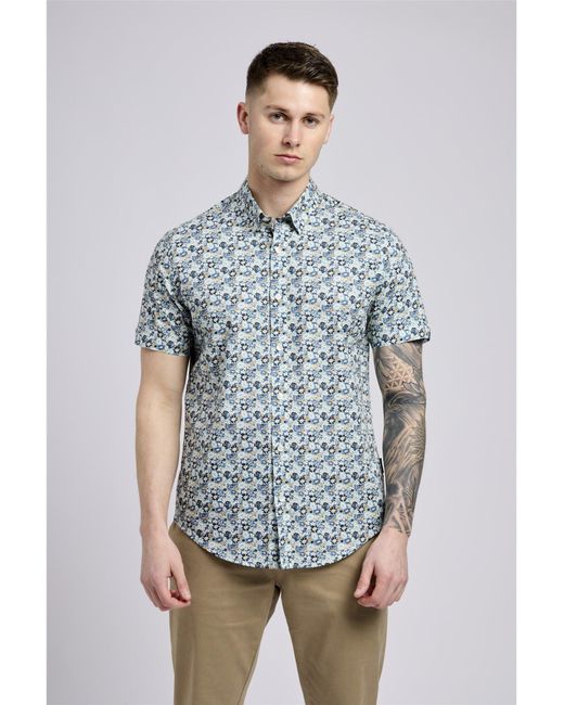 Ben Sherman Blue Long Sleeve Multicolour Floral Print Shirt In Petrol for men