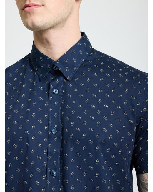 Ben Sherman Blue Short Sleeve Stipple Geo Print Shirt In Dark Navy for men