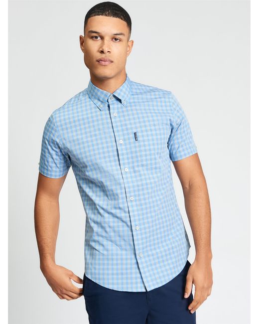 Ben Sherman Short Sleeve Linear Gingham Shirt In Lake Blue for men