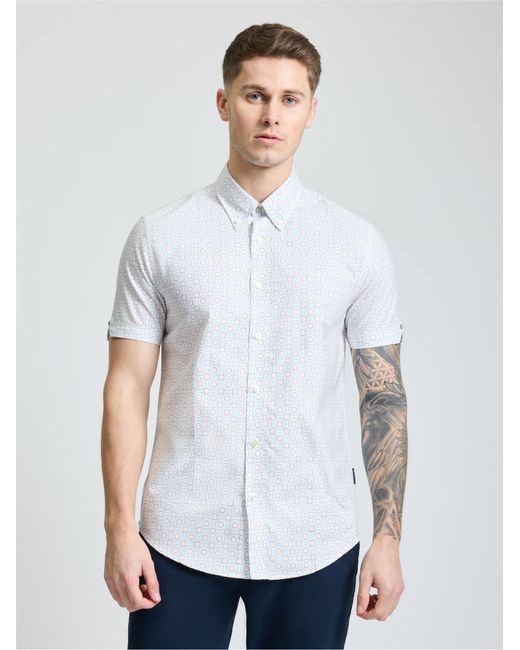 Ben Sherman Blue Short Sleeve Stipple Spot Print Shirt In Snow White for men
