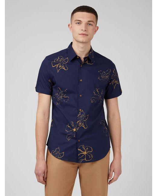 Ben Sherman Blue Linear Floral Print Shirt for men