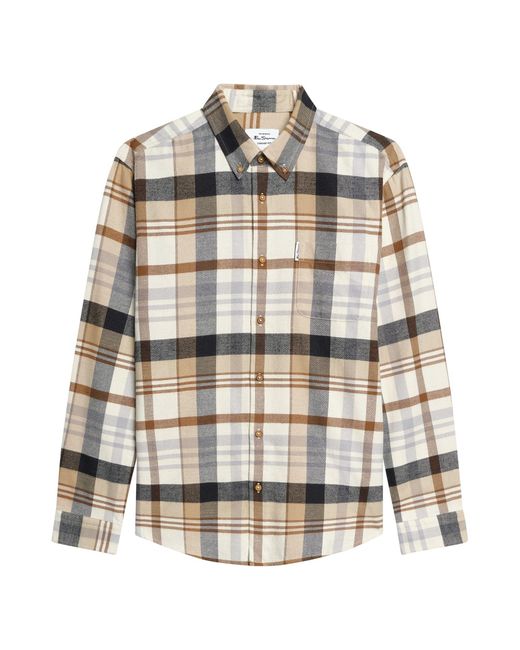 Ben Sherman Gray Long Sleeve Brushed Check Shirt In Ecru for men