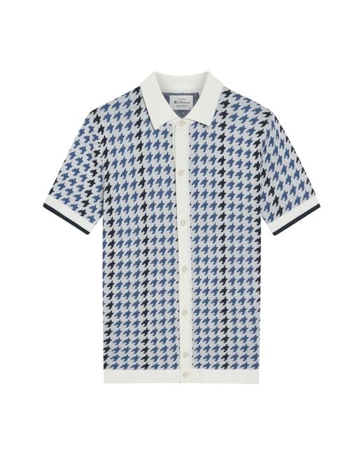 Ben Sherman Blue Houndstooth Button Through Polo In Ivory for men