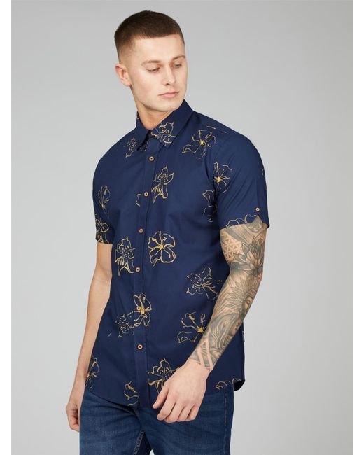 Ben Sherman Blue Ss Linear Floral Print Shirt for men