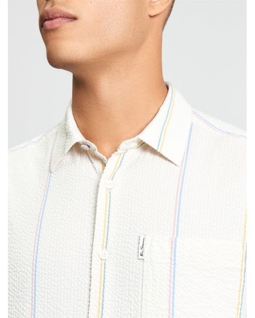 Ben Sherman Blue Short Sleeve Seersucker Check Shirt In Ivory for men