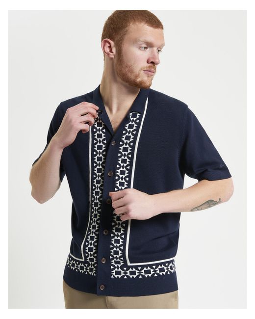 Ben Sherman Blue Floral Border Resort Knitted Shirt for men