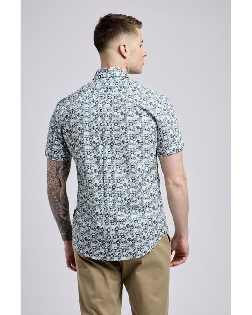 Ben Sherman Blue Long Sleeve Multicolour Floral Print Shirt In Petrol for men