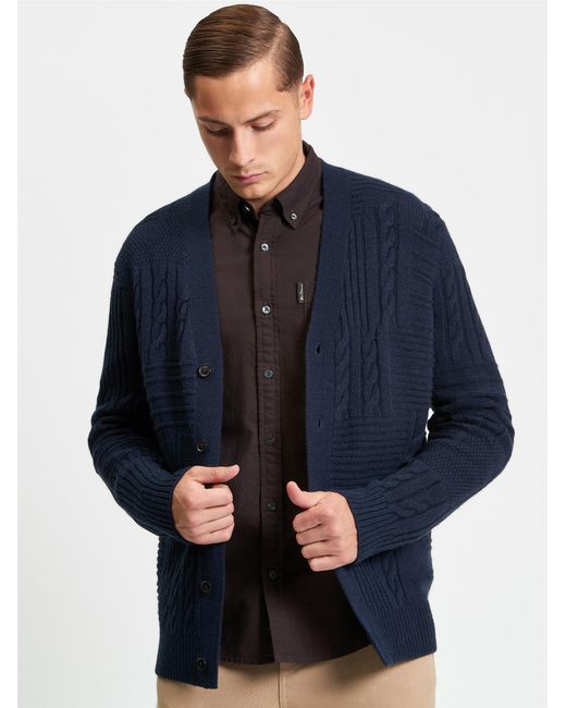 Ben Sherman Blue Texture Block Cardigan In Dark Navy for men