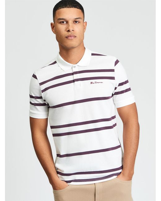 Ben Sherman Short Sleeve Sports Stripe Polo In Snow White for men