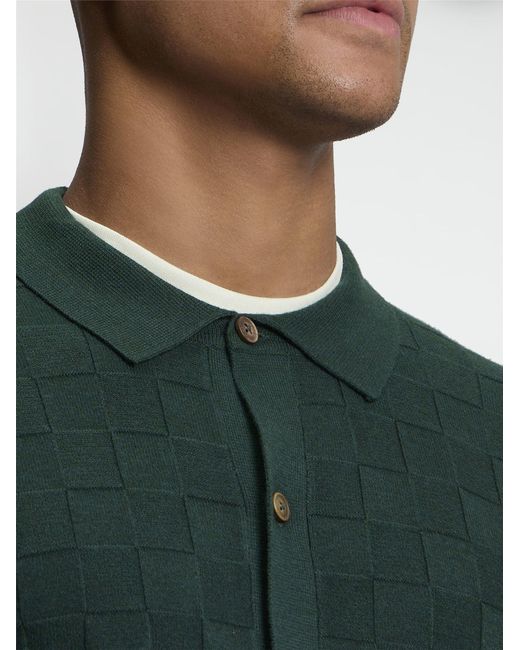 Ben Sherman Long Sleeve Checkerboard Button Through Knitted Shirt In Lotus Green for men