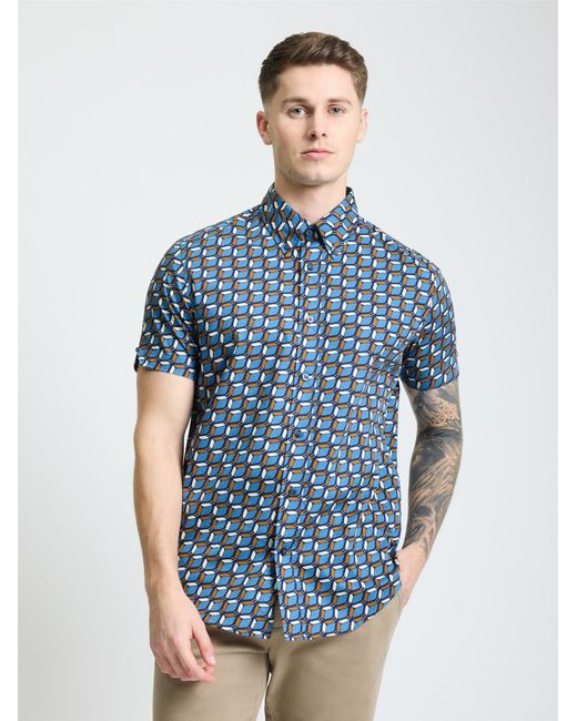 Ben Sherman Blue Short Sleeve Retro Geo Print Shirt In Royal for men