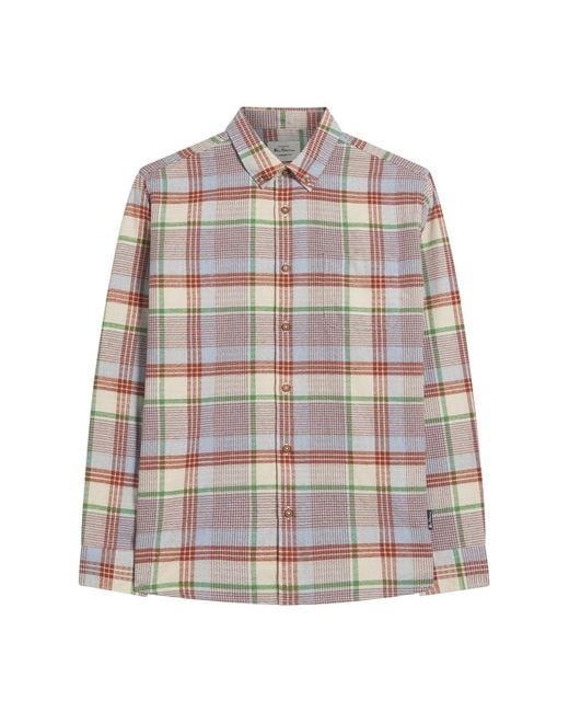 Ben Sherman White Brushed Crepe Check Shirt In Fog for men