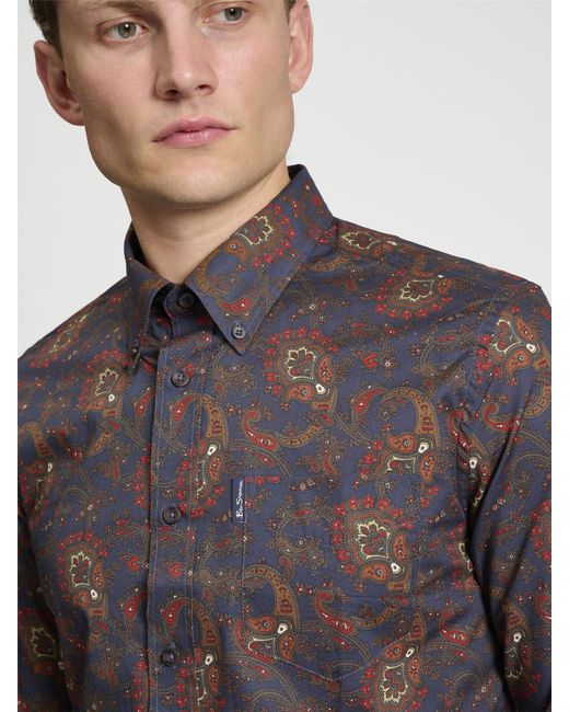 Ben Sherman Blue Long Sleeve Paisley Print In Mood Indigo for men