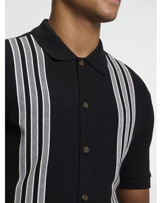 Ben Sherman Short Sleeve Birdseye Stripe Button Through Polo In Black for men
