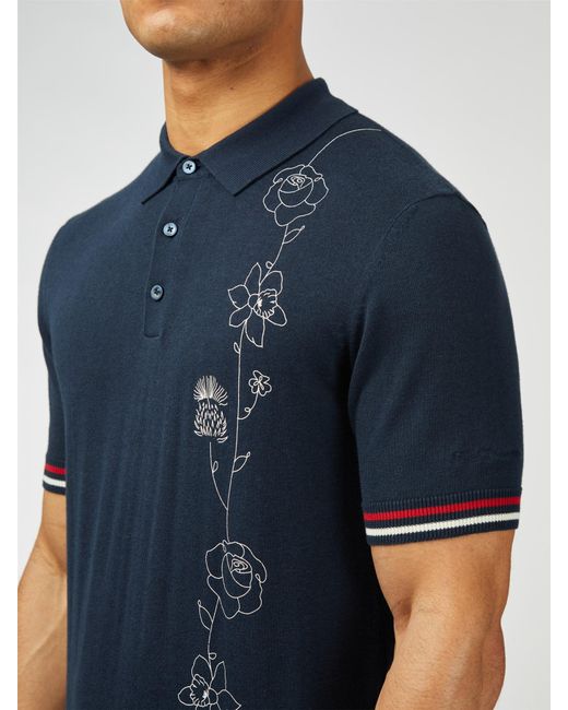 Ben Sherman Blue Team Gb Floaral Printed Knitted Polo for men