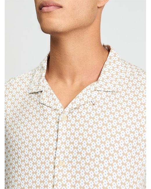 Ben Sherman Blue Short Sleeve Geo Border Print Shirt In Sand for men