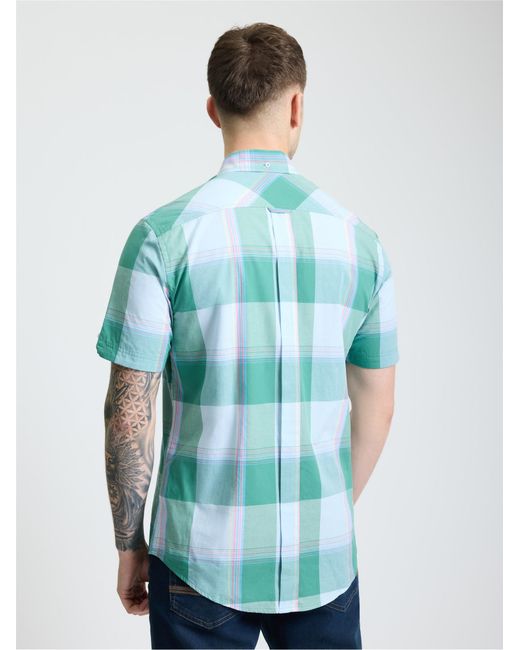 Ben Sherman Blue Short Sleeve Multi Colour Overcheck Shirt In Forest for men