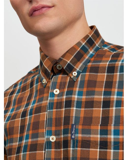 Ben Sherman Blue Check Brushed Flannel Shirt In Brown for men