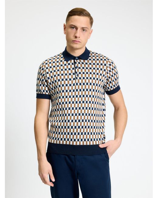 Ben Sherman Blue Short Sleeve All Over Jacquard Knitted Polo In Dark Navy for men