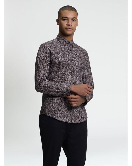 Ben Sherman Gray Long Sleeve Intricate Floral Print Shirt In Black for men