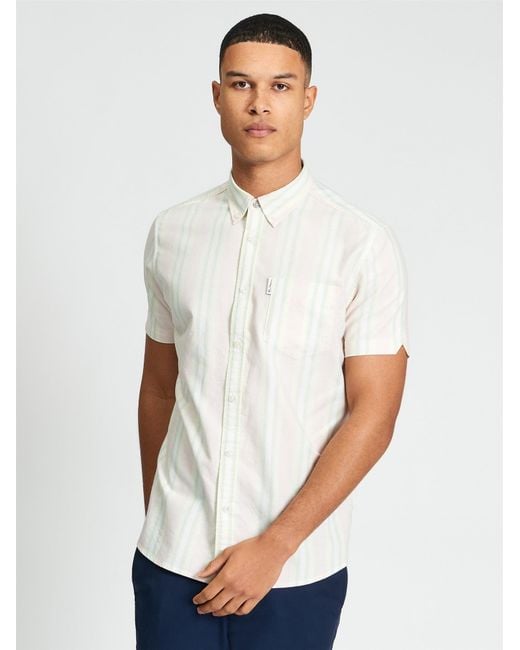 Ben Sherman Blue Short Sleeve Block Oxford Stripe Shirt In Blush Pink for men