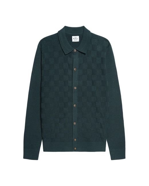 Ben Sherman Long Sleeve Checkerboard Button Through Knitted Shirt In Lotus Green for men