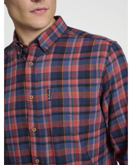 Ben Sherman Blue Long Sleeve Brushed Plaid Check In Mauve for men