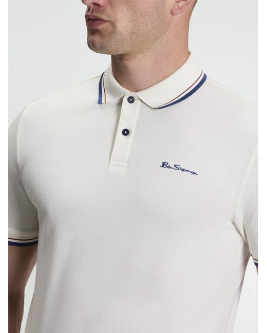 Ben Sherman White Short Sleeve Signature Pique Polo In Beige for men