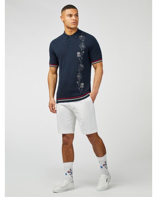 Ben Sherman Blue Team Gb Floaral Printed Knitted Polo for men