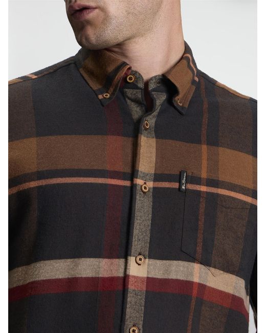 Ben Sherman Black Long Sleeve Oversized Brushed Check Shirt In Dark Brown for men
