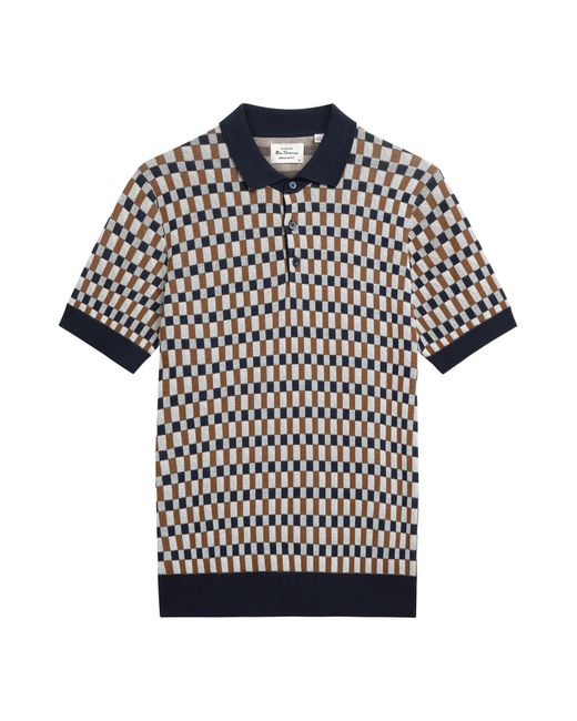 Ben Sherman Blue Short Sleeve All Over Jacquard Knitted Polo In Dark Navy for men