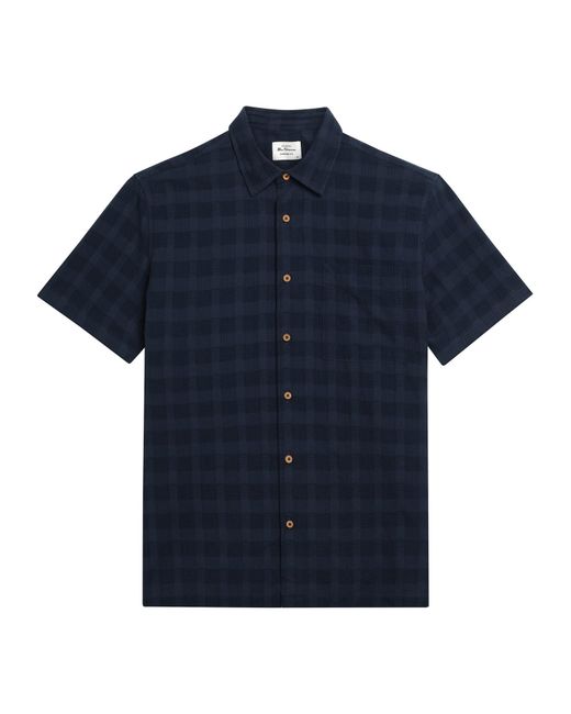 Ben Sherman Blue Short Sleeve Dobby Grid Check Shirt In Dark Navy for men