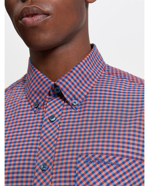 Ben Sherman Blue Short Sleeve Gingham Shirt In Burnt Orange for men