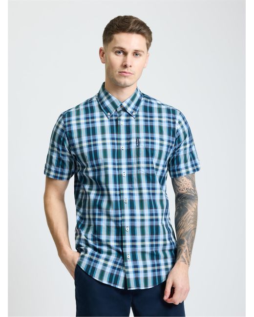 Ben Sherman Blue Short Sleeve Irregular Check Shirt In Dark Green for men