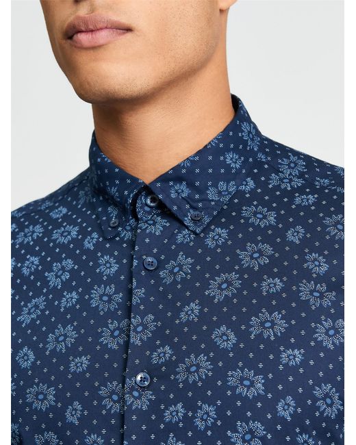 Ben Sherman Blue Short Sleeve Floral Geo Print Shirt In Dark Navy for men