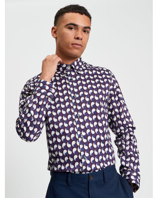 Ben Sherman Blue Paisley Geo Print Shirt In Dark Wine for men