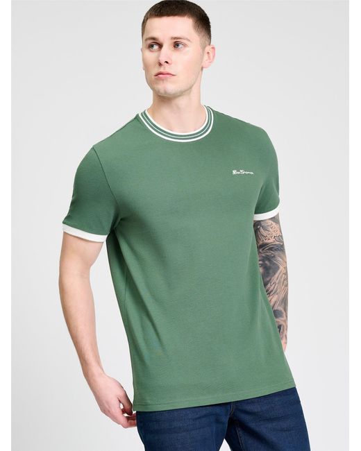 Ben Sherman Green Pique Ringer Tee In Deep Jungle for men