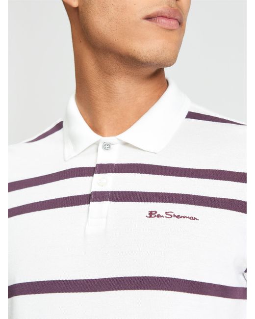 Ben Sherman Short Sleeve Sports Stripe Polo In Snow White for men