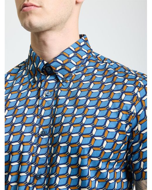 Ben Sherman Blue Short Sleeve Retro Geo Print Shirt In Royal for men