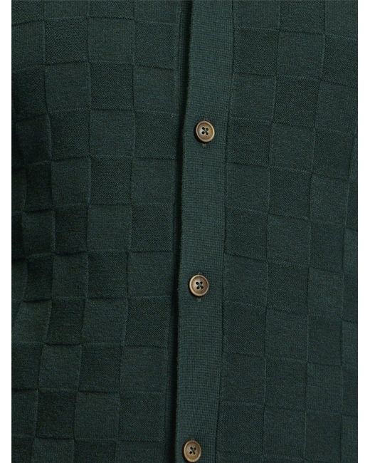 Ben Sherman Long Sleeve Checkerboard Button Through Knitted Shirt In Lotus Green for men