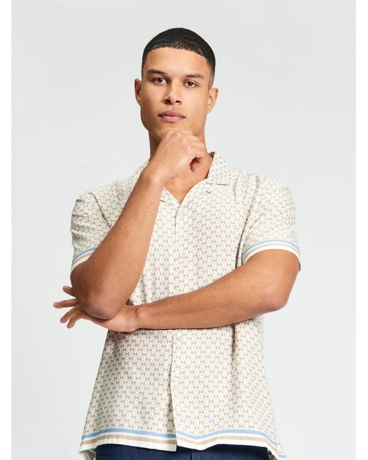 Ben Sherman Blue Short Sleeve Geo Border Print Shirt In Sand for men