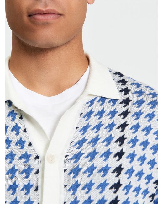 Ben Sherman Blue Houndstooth Button Through Polo In Ivory for men