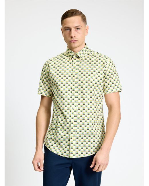 Ben Sherman Green Short Sleeve Retro Geo Print Shirt In Sage for men