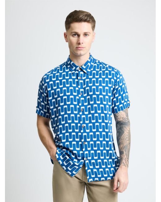 Ben Sherman Blue Short Sleeve Jazz Print Shirt In Royal for men
