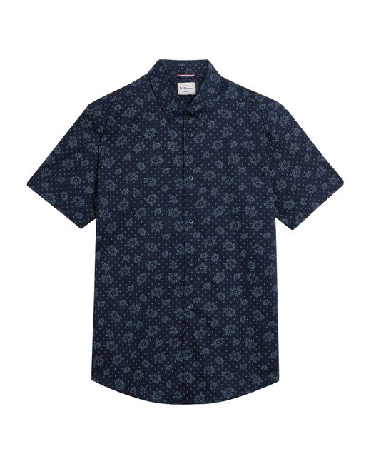 Ben Sherman Blue Short Sleeve Floral Geo Print Shirt In Dark Navy for men