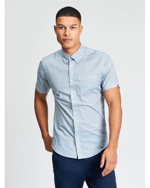 Ben Sherman Blue Short Sleeve Block Geo Print Shirt In Denim for men