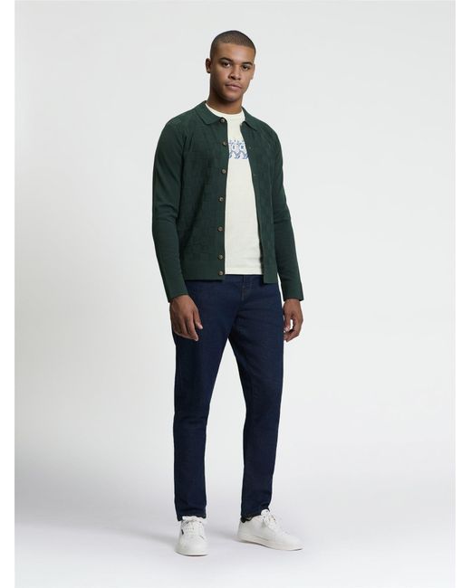 Ben Sherman Long Sleeve Checkerboard Button Through Knitted Shirt In Lotus Green for men