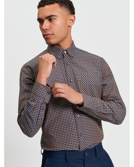 Ben Sherman Gray Long Sleeve Signature Gingham Shirt In Bronze for men