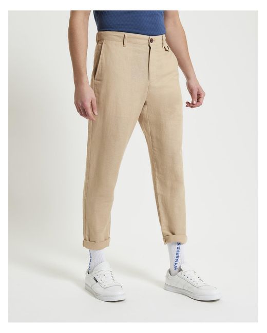 Ben Sherman Natural Linen Cotton Trousers In Stone for men