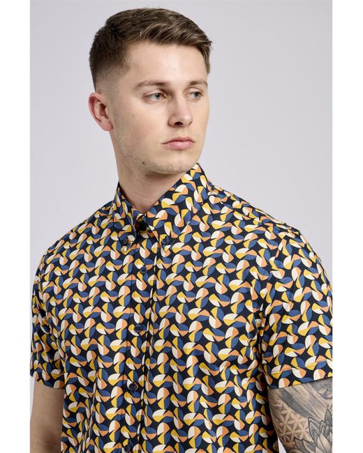 Ben Sherman Multicolor Short Sleeve Bauhaus Geo Print Shirt In Midnight for men